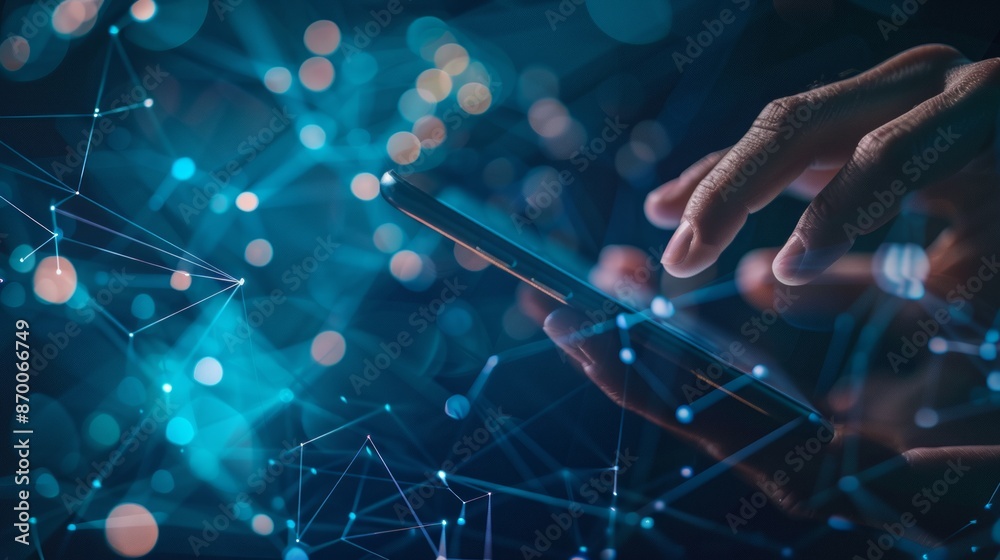 Poster hand using smartphone with digital technology data communication network and telecommunication conce