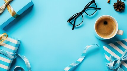 Blue Gift Boxes, Coffee Cup, Glasses on a Blue Background
