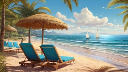 Summer Background Tranquil Beach Scene with Palm Trees and Sailboats Under a Clear Sky
