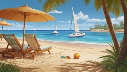 Summer Background Tranquil Beach Scene with Palm Trees and Sailboats Under a Clear Sky