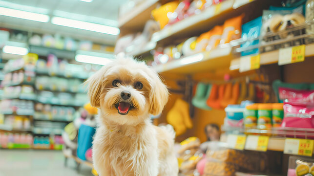 Cheerful dog wagging its tail while sitting in a pet supermarket surrounded by various animal accessories toys food and other products for cats dogs and other pets