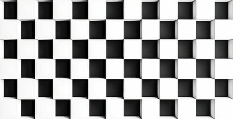 Obraz premium Checkerboard pattern with alternating black and white squares, geometric design with recessed cubes and shadows. 