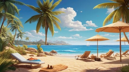 Summer Background Tranquil Beach Scene with Palm Trees and Sailboats Under a Clear Sky