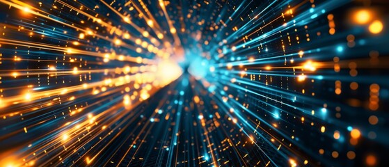 Naklejka premium Abstract futuristic technology abstract background with lines for network, big data, data center, server, internet, speed. Dark blue and gold neon lights into digital technology tunnel.
