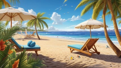 Summer Background Tranquil Beach Scene with Palm Trees and Sailboats Under a Clear Sky