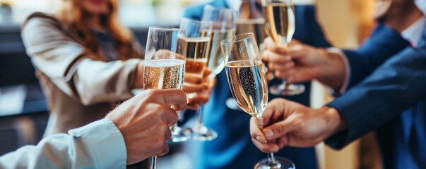 Business people celebrating with champagne in the office, toasting to success