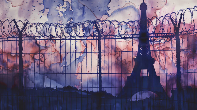 Eiffel Tower in Paris fenced with barbed wire