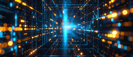 Obraz premium Abstract futuristic technology abstract background with lines for network, big data, data center, server, internet, speed. Dark blue and gold neon lights into digital technology tunnel.