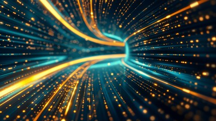 Fototapeta premium Abstract futuristic technology abstract background with lines for network, big data, data center, server, internet, speed. Dark blue and gold neon lights into digital technology tunnel.