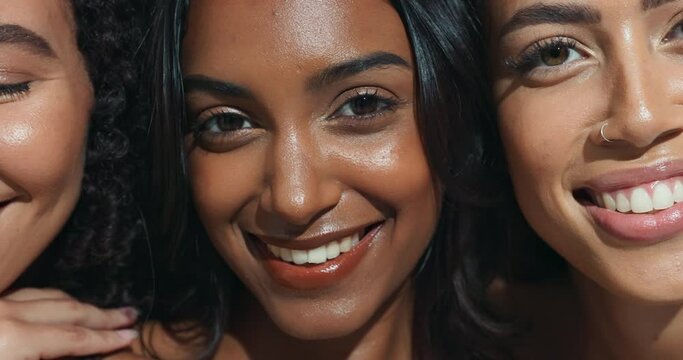 Happy, women and beauty face with friends, diversity and cosmetics in a studio with makeup. Youth, group and portrait with solidarity, skincare and glow with smile and skin shine with care and pride