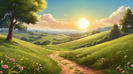 Serene Summer Landscape with Rolling Hills and a Setting Sun