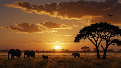 Fototapeta premium There are elephants walking on a grassy plain during the sunset with a large tree in the foreground on the right side.