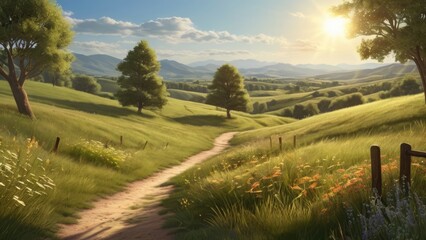 Serene Summer Landscape with Rolling Hills and a Setting Sun