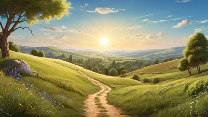 Serene Summer Landscape with Rolling Hills and a Setting Sun