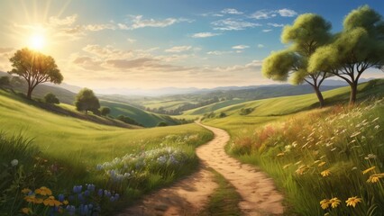 Serene Summer Landscape with Rolling Hills and a Setting Sun