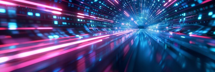 Naklejka premium Abstract futuristic technology abstract background with lines for network, big data, data center, server, internet, speed. dark blue and pink neon lights into digital technology tunnel 