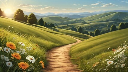 Serene Summer Landscape with Rolling Hills and a Setting Sun