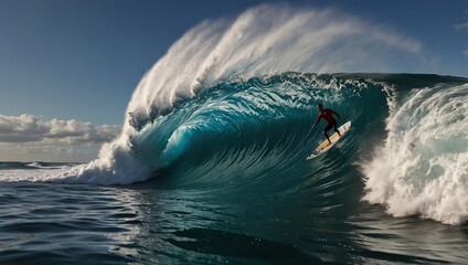 A surfer rides a large wave in the ocean