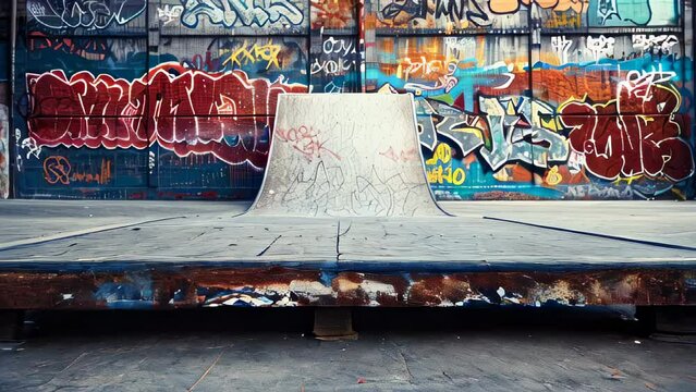 Urban skate park ramp with colorful graffiti backdrop