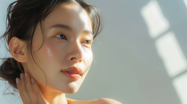 Close-up of an Asian woman using a vitamin C serum, skincare, brightening effect