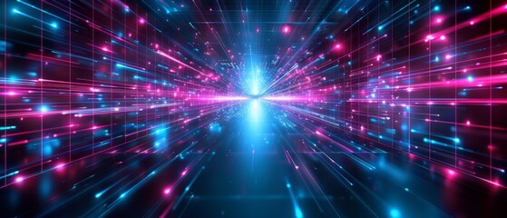 Obraz premium Abstract futuristic technology abstract background with lines for network, big data, data center, server, internet, speed. dark blue and pink neon lights into digital technology tunnel 