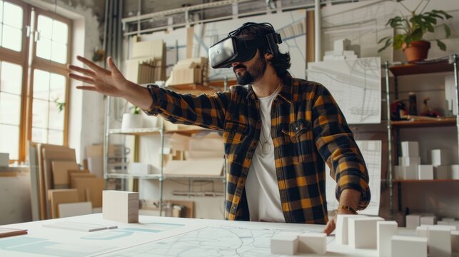 Product designer using VR to refine a virtual prototype, innovative design, virtual reality