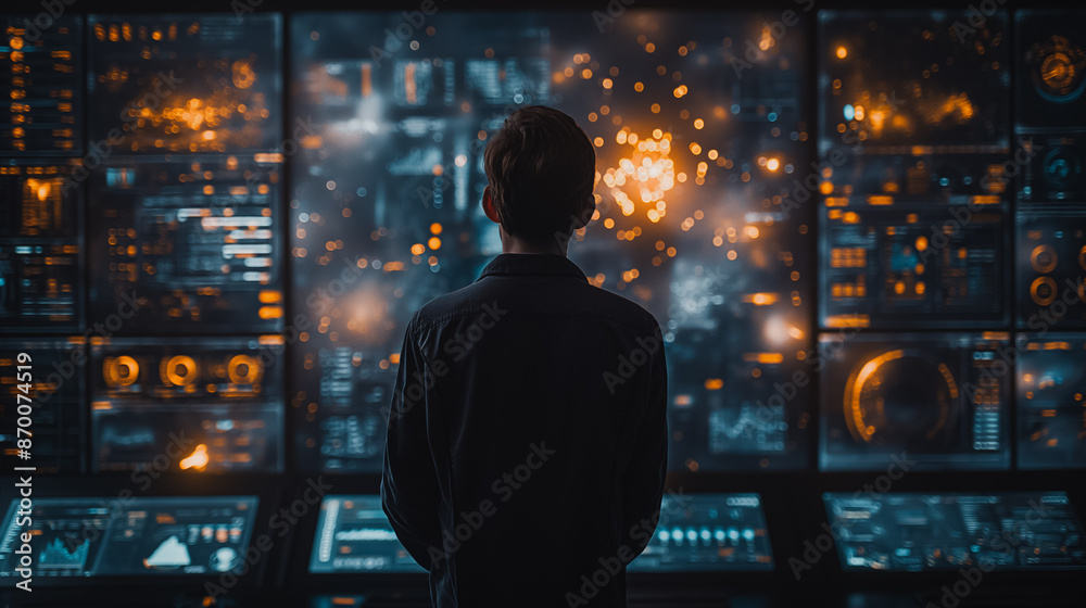 Poster businessman to view real-time data on a screen while standing in front of a digital wall with graphs