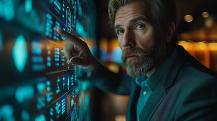 A professional businessman in a suit, pointing at a big screen with financial graphs on it while standing against a glass wall in a dark office