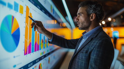Professional Man in a suit, presenting data and graphs on a big screen at a corporate office conference room