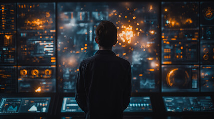 Businessman to view real-time data on a screen while standing in front of a digital wall with graphs and charts in a office