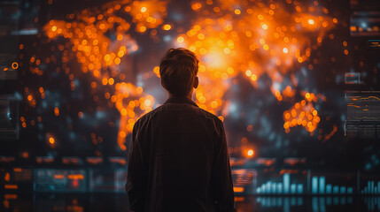 Businessman to view real-time data on a screen while standing in front of a digital wall with graphs and charts in a office