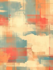 Naklejka premium muted pastel plaid pattern reminiscent of vintage wallpaper, with soft shades like blue and red, subtle gradients, and textured appearance resembling painted fabric.