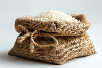 Obraz premium A bag of rice is sitting on a white background. The bag is made of brown fabric and is tied with a rope