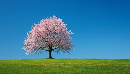 Obraz premium A single cherry blossom tree in full bloom standing in a vibrant green field under a clear blue sky