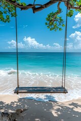 Empty swing on a pristine beach with clear skies, inviting relaxation