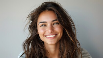 Naklejka premium Smiling woman with long brown hair against a light background
