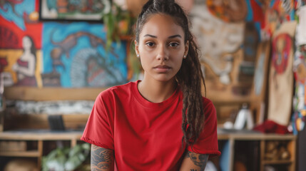 Obraz premium Red T-Shirt Mockup in Bohemian Tattoo Studio