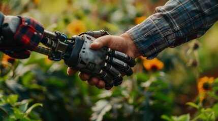 Fototapeta premium Male robot and farmer human holding hands with handshake. Deep machine learning with artificial intelligence technology. Background of business