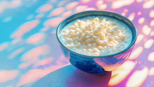 Bowl of creamy tapioca pudding in soft lighting