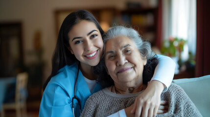 Hispanic young home health care aide giving embrace to elderly patient, Senior healthcare concept, copy space