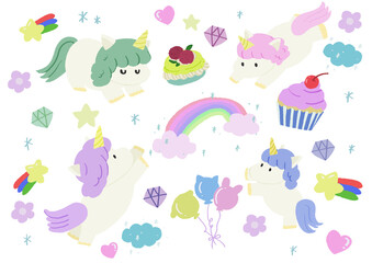 kawaii character ,colorful unicorns