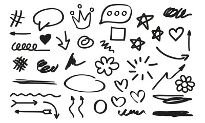 Hand drawn marker pen strokes doodle design elements, black on white isolated background.