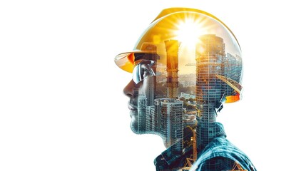 Naklejka premium A portrait of a male construction worker wearing a safety helmet, with city buildings under construction visible in the background on a white backdrop with space for text.