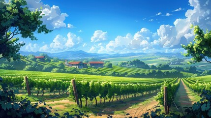 A lush green vineyard with rows of grapevines, a blue sky, and a distant farmhouse, illustration background