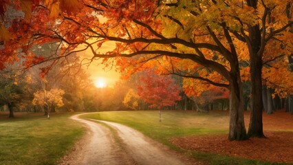 Naklejka premium A picturesque autumn landscape with vibrant trees and falling leaves on a sunny day, with a village in the background. Concept of autumn scenery and nature