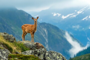 Obraz premium AI generated illustration of a young deer standing in a vibrant meadow with colorful wildflowers