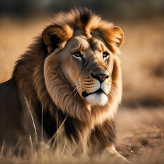 Fototapeta premium An AI generated illustration of a close-up of a majestic lion resting in the savannah