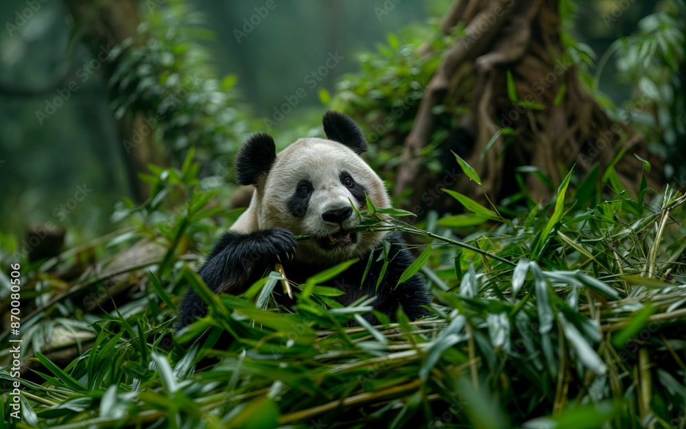 Sticker A giant panda bear eating bamboo in a lush green forest setting