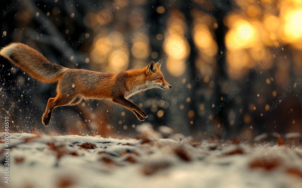 Poster A beautiful red fox leaping through a snowy forest with a golden sunset in the background.