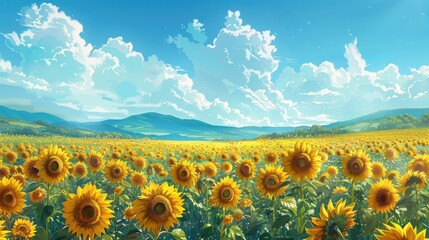 Obraz premium A vibrant sunflower field with a clear blue sky and a gentle breeze, illustration background